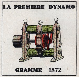Dynamo: az első dinamó, amelyet Zenobe Theophile Gram (1826-1901) talált fel 1872-ben. Névtelen illusztráció 1925-ből. Magángyűjtemény. alkotó: Anonymous Anonymous