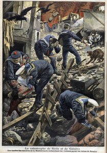 Földrengés Szicíliában, Calabria 1909 - Szicília és Calabria katasztrófája (Földrengés) - A Földközi-tenger tengerészei áldozatokat keresnek Messina romjai között - "" The Little Journal"" 1909. január alkotó: Anonymous Anonymous