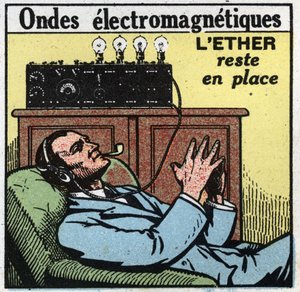 Elektromos jelenségek: ha az éter a helyén marad, a vibrációs mozgás adja a T.S.F.-ben használt elektromágneses hullámokat. 1925 névtelen illusztrációja. Magángyűjtemény. alkotó: Anonymous Anonymous