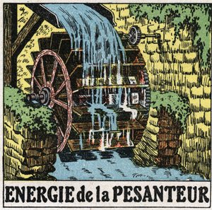 Gravitációs energia: vízimalom kereke. Névtelen illusztráció 1925-ből. Magángyűjtemény. alkotó: Anonymous Anonymous