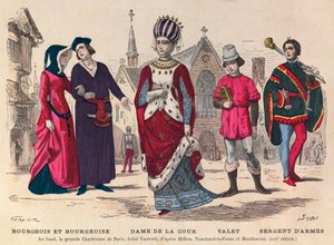 Metszet - Bourgeois et bourgeoise, udvarhölgy, inas, őrmester Párizsban a 13. században (a háttérben la grande Chatreuse de Paris, Vauvert hotel) - Udvari jelmezek Franciaországban a 13. században - magángyűjtemény alkotó: Anonymous Anonymous