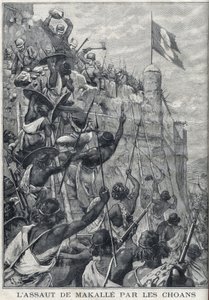 Etiópia: II. Menelik choanjai Makalle támadása az olasz hadsereg ellen. Etiópia. Metszet a "" Le Petite Parisien" -ben alkotó: Anonymous Anonymous