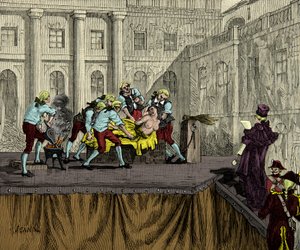 Sámson hóhér megjelöli Jeanne de Valois Saint Remyt (Valois-Saint-Remy), aki Comtesse de la Motte (1756-1791) néven ismert, miután 1786-ban elítélték a királynő nyaklánc ügyében, Metszet, Magángyűjtemény alkotó: Anonymous Anonymous