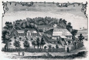 A madagaszkári Nosy Be sziget fővárosa, Hell Ville (Hell-Ville) (Hell-Ville) (Andoany) paplakának és iskolájának külső képe. Louis-Eugene (Louis Eugene) Louvet „Les Missions Catholiques au XIXeme Siecle” metszete. magángyűjtemény. alkotó: Anonymous Anonymous