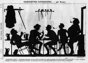 Fantasztikus sziluettek Bernaytól. Rajzfilm a párizsi értelmiségiekről: „” Latin negyed. Remek vita, ahol általában a dolgok eredetéről van szó, és különösen a sörről...” Metszet a „” Petity Journal pour Rire”-ben” alkotó: Anonymous Anonymous