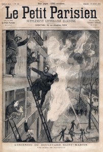 Párizsi tűzoltó: mentési helyszín a Boulevard Saint-Martin tűzesetben. Metszet „” Le petit Parisien”” 1891-ből. Magángyűjtemény. alkotó: Anonymous Anonymous