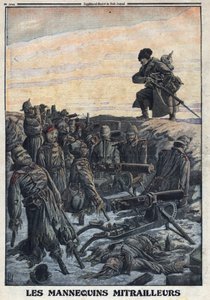 Első világháború 1914-1918 (háború 14-18). A német katonák a lövészárokban lévő próbababákat használják gépfegyverekkel, hogy megtévesszék az orosz ellenséget, így csapdába ejtik. A „Le Petite Journal”-ban, 1916.02.06. Magángyűjtemény alkotó: Anonymous Anonymous