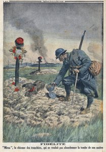 Első világháború 1914-1918 (14-18. háború). Egy kutya, aki nem hajlandó elhagyni halott gazdája sírját az árokban. A "" Le Petite Journal"-ban, 1916. 10. 09. Magángyűjtemény alkotó: Anonymous Anonymous