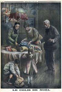 Első világháború 1914-1918 (14-18. háború). Karácsonyi ajándék: A gyerekek karácsony estéjén a csatatéren kapják meg és bontják ki az édesapjuktól kapott csomagokat. A „Le Petite Journal”-ban, 1916.12.24. Magángyűjtemény alkotó: Anonymous Anonymous