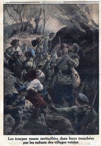Első világháború 1914-1918 (14-18. háború). Az orosz katonai csapatokat a szomszédos falvak gyermekei tankolták fel lövészárkaikban. A „Le Petite Journal” című kiadványban, 1916.02.04. Magángyűjtemény alkotó: Anonymous Anonymous