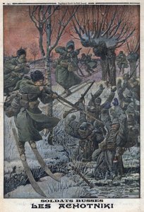 Első világháború 1914-1918 (14-18. háború). Orosz katonák Ahotniki sílécen lőnek német katonákat. A „Le Petite Journal”-ban, 1916.01.23. Magángyűjtemény alkotó: Anonymous Anonymous