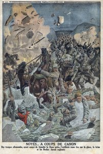 Első világháború 1914-1918 (14-18. háború). A német hadsereg megpróbál átkelni a Duna gele folyón, de az orosz tüzérség fegyverrel a jégre lőtt, és vízbe fojtotta a német hadsereget (a szövegben Boche becenévvel) A Petity Journalban” alkotó: Anonymous Anonymous