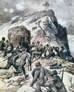 Első világháború: „” Olasz alpesi vadászok (alpino vagy alpini) felkapaszkodnak a Cauriol tetejére, az olasz Alpok”” 1916 Illusztráció a „La domenica del corriere”-ből” alkotó: Anonymous Anonymous