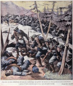 Első világháború: „” Olasz alpesi vadászok (alpino vagy alpini) visszaveszik ellenségeitől a Pal Piccolót, az olasz Alpokat”” 1916 Illusztráció a „La domenica del corriere”-ből” alkotó: Anonymous Anonymous