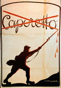 Első világháború: Caporetto (vagy karfreiti csata) 1917. október végi veresége alkalmából kiadott plakát, amely az olasz hadsereg egyik katonáját ábrázolja, aki lehúzta a „Caporetto” nevet baonettje hegyéről. Az Illustrator nem azonos alkotó: Anonymous Anonymous