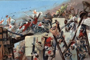 Első keresztes hadjárat (1096-1099): Jeruzsálem elfoglalása a bouilloni Godefroy (Godefroi) (1061-1100) által vezetett croisok által 1099. július 15-én. Antoine csokoládék reklámkromolitográfiája Brüsszelben, 20. század eleje. Magángyűjtemény alkotó: Anonymous Anonymous