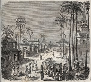 A 19. században a Cayenne-i (Francia Guyana) Saint-Laurent (Saint-Laurent) büntetés-végrehajtási intézetbe menő erők. Pierre Zaccone (1817-1895) „A börtönök története létrehozásuktól napjainkig” metszetébe (1877) (Colonia Penale - Büntetés-végrehajtási tel alkotó: Anonymous Anonymous