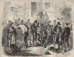 Forcatok, akik a 19. században a Toulon Bagnéba való belépés előtt árulják a holmijukat. Pierre Zaccone (1817-1895) (Colonia Penale - Büntetőtelep) metszet az „Elítéltek története a megalkotásuktól napjainkig” című könyvébe (1877). Magángyűjtemény. alkotó: Anonymous Anonymous