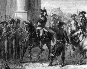 Francois Hanriot (1761-1794), francia forradalmár a kongresszus ajtajában (9 thermidor 1794) - Metszet Alphonse de Lamartine (1790-1869) „Histoire des Girondins” című könyvébe 1865-1866 - Magángyűjtemény alkotó: Anonymous Anonymous