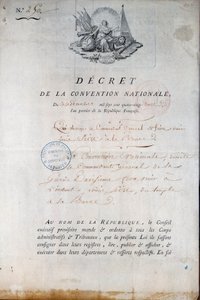 Francia forradalom: Az 1792. 11. 12-i egyezmény rendelete, amely elrendeli a Nemzeti Gárdát, hogy XVI. Lajos királyt a templomi börtönből állítsák bíróság elé. Párizs. Rendőrprefektúra alkotó: Anonymous Anonymous