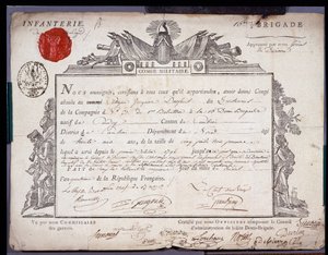 Francia forradalom: a cambrai körzet dandárának hadnagya IV. Prair évének (1796.05.24) keltezett katonai konge hivatalos dokumentuma. Nord Lille Osztályi Levéltára alkotó: Anonymous Anonymous
