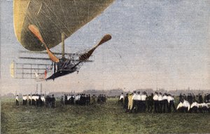 Compiegne-ből Londonba léghajóval: Bayard-Clement (Bayard Clement) leszállása Wormwood Scrubbsba. Metszés. A „Le petit parisien” című újság egyike 1910.10.30. Magángyűjtemény. alkotó: Anonymous Anonymous