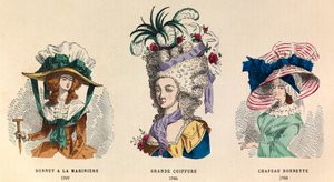 Balról varjú: Hat a la mariniere 1787-ben; Grande Hairstyle 1785-ben és Hat Bonnette 1786-ban - magángyűjtemény. alkotó: Anonymous Anonymous