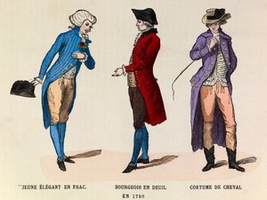 Balról jobbra: Fiatal elegáns frac; Egy gyászoló burzsoá és egy lóruhás 1786-ban - magángyűjtemény alkotó: Anonymous Anonymous