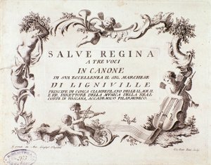 A Salve regina himnusz háromszólamú partitúrájának előképe Ligneville márkitól (1768) alkotó: Anonymous Anonymous