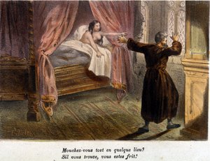 Galáns jelenet: Monk egy meztelen nő társaságában az ágyban, meglepve egy személy érkezésén, megpróbál elbújni. századi színes metszet. .