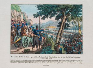 Guerre russo-turque de 1828-1829 - Az orosz hadsereg átkel a Pruth folyón Moldvába 1828 májusában par Anonymous, c. 1830 - Rézkarc, akvarell alkotó: Anonymous Anonymous