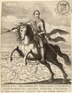 Gustave II Adolphe, dit le Grand ou le lion du Nord (1594-1632), svéd király, Pomeránia térképén lovagolva - Gustavus Adolphus Pomeránia térképe előtt a háttérben - Anonymous - 1630 - Rézmetszet - 30,4x23, 9 - Magángyűjtemény alkotó: Anonymous Anonymous