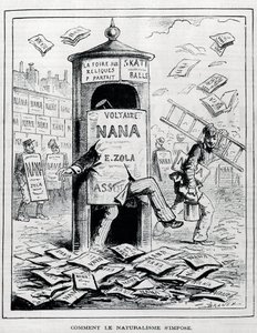 Hogyan erőltetik a naturalizmust: szatirikus rajz a naturalista regényről Emile Zola "Nana" című könyvéről. Metszet a 19. századból. Magángyűjtemény. alkotó: Anonymous Anonymous