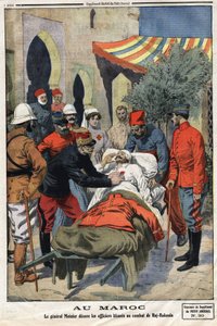 Marokkóban Moinier tábornok a Becsületlégió keresztjével díszíti a Haj Rakoula (HajRakoula) csatában megsebesült tiszteket. Metszet a „Le Petite Journal”-ban 1912.07.21-én. Magángyűjtemény. alkotó: Anonymous Anonymous