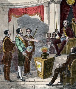 Francia Manson beavatása a testvériségbe – Franc-Macon fogadása (Ceremony) – Metszet 1879-ből Pierre Zaccone (1817-1895) „Histoire des Societes Secretes, Politiques et Religions” c. alkotó: Anonymous Anonymous