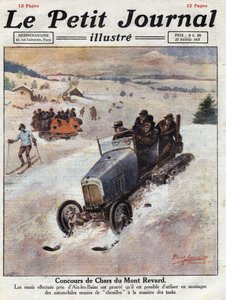 Innováció az autókon a hegyekben, a lánctalpakat a kerekekre helyezik, elkerülve az elromlást. Az illusztráció az 1921.02.27-i „” Le petit Journal”-ból származik. Magángyűjtemény alkotó: Anonymous Anonymous