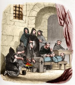 Inkvizíció Spanyolországban a 15. században: Burgundi Máriát (1457-1482), akit zsidósággal vádolnak, arbues-i (Pedro szent) Péter (1441/1442-1485), spanyol inkvizítor megkínozza: égeti a lábát. . Illusztráció a „” Az inkvizíció rejtélyei és alkotó: Anonymous Anonymous