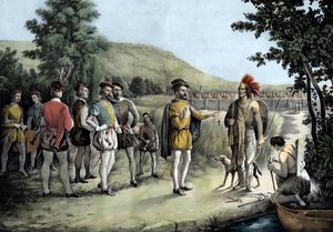 Jacques Cartier, első interjúja az indiánokkal Hochelagában, most Montrealban 1535-ben (litho alkotó: Anonymous Anonymous