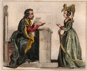 Jehan Pastoret (1328-1405), a párizsi parlament elnöke V. Károly uralkodása alatt egy nemes asszonnyal, liripiont viselő. Metszet 1859-ből a „” Le Monde-ban. Minden nép története a legtávolabbi időktől napjainkig”. írta: M. E. de Lostal alkotó: Anonymous Anonymous