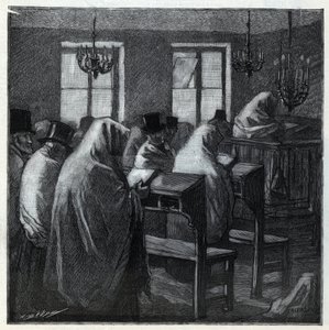 Zsidó lakomák: fideles az ima alatt az oratóriumban az ünnepek alatt. Metszet az 1892-es „Le monde illustree”-ben. Magángyűjtemény. alkotó: Anonymous Anonymous
