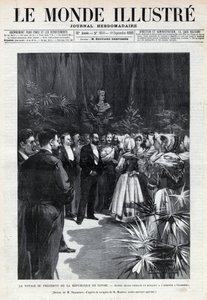 Sadi Carnot (1837-1894) utazása Savoyába: a köztársasági elnököt a Chamberyben fiatal lányok fogadják, virágcsokorral kínálva neki. Egy újság. Metszet az 1892-es „Le monde illustree”-ben. Magángyűjtemény. alkotó: Anonymous Anonymous