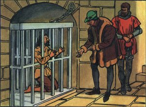 XI. Lajos király meglátogatja a Bastille börtön ketreceit. Névtelen illusztráció a „Franciaország uralkodóinak és államfőinek gyűjteményében”. 20. század. Magángyűjtemény. alkotó: Anonymous Anonymous