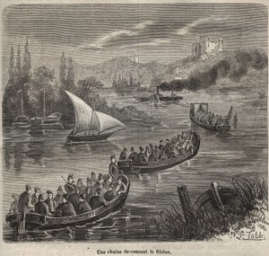 A touloni börtön – a Rhone-on alászálló lánc – Pierre Zaccone (1817-1895) „A börtönök története a létrehozásuktól napjainkig” (1877) metszete (Colonia Penale – Büntetés-végrehajtási telep) alkotó: Anonymous Anonymous