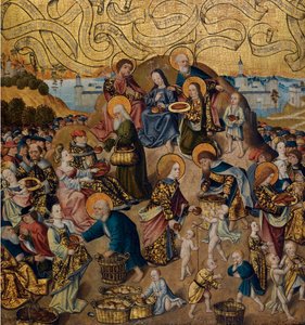 ""Az öt kenyér és két hal csodája"" Anonymous festmény fára, 1500 körül (Az öt kenyér és két hal csodája, Anonymous) c 1500 - Olaj, fa, 68,9x62,7 - Magángyűjtemény alkotó: Anonymous Anonymous