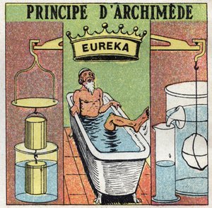 Folyadékegyensúly: Archimedes-elv (a testek vízbe taszítása). Fürdés közben Szirakúzai Arkhimédész (Kr. e. 287-212) észrevette, hogy a lába nehezebben esik ki a vízből, mint a vízben, és így kiáltott fel: „Eureka! “. Névtelen illusztráció 1925-ből. Pr alkotó: Anonymous Anonymous