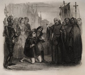 XI. Lajos (1423-1483) a „Szentek élete” című 1846-os metszet Francois de Paule-tól (1416-1507) kéri vezérét. Magángyűjtemény. alkotó: Anonymous Anonymous