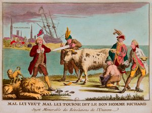 Mal azt akarja, hogy tévedjen, mondta a jó ember, richard. Emlékezetes alanya a világegyetem forradalmainak. Karikatúra Anglia ellen. 1780, Privee Collection (A brit kereskedelem tejelő tehénként. A képek között szerepel: Nagy-Britannia, mint alvó oroszlán alkotó: Anonymous Anonymous
