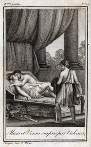 A Marsot és a Vénuszt a Vulkán fedezte fel. "A Marsot és a Vénuszt a Vulkán fedezte fel". Metszet 1819-ből Charles Albert Demoustier (1760-1801) „Lettres a Emilie sur la mythologie” című művében. Magángyűjtemény. alkotó: Anonymous Anonymous