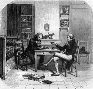 Maximilien de Robespierre 1758-1794, francia politikus, a Közbiztonsági Bizottság tagja Maurice Duplay-vel a szobájában - Chambre de Maximilien de Robespierre chez Maurice Duplay (1736-1820) rue Saint-Honore a Paris - Metszet a „Histoire des Gi”-ben alkotó: Anonymous Anonymous