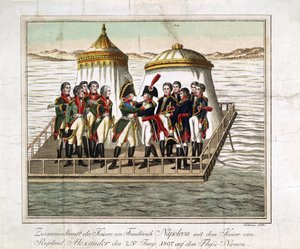 I. Sándor orosz császár és I. francia Napóleon találkozója a Tilsit melletti Nemannál - Anonymous - 1807 - Rézkarc, akvarell - 29,7x39,7 - Magángyűjtemény alkotó: Anonymous Anonymous